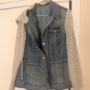 Denim Jacket with Knit Sleeves - Light Blue and Gray